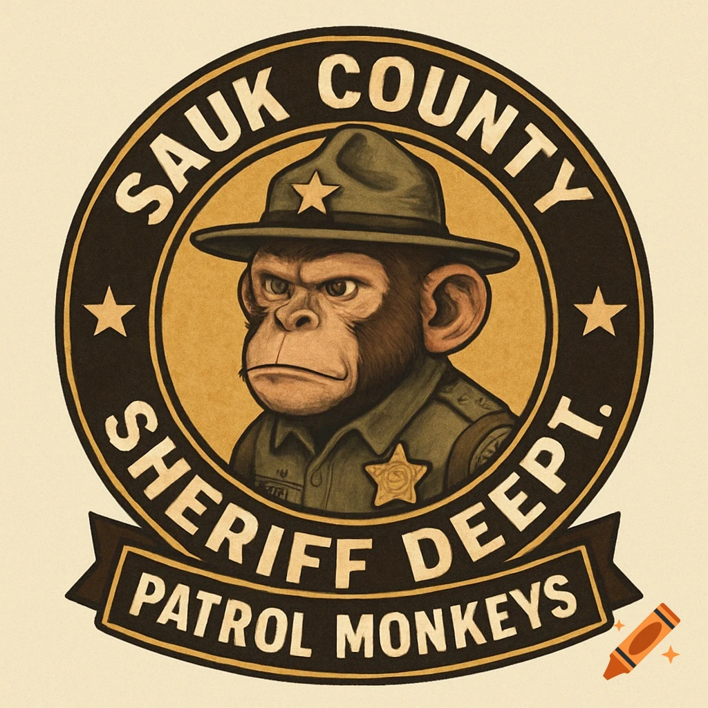 A circular logo features a stern-faced monkey wearing a sheriff's hat and uniform. Text reads "SAUK COUNTY SHERIFF DEEPT. PATROL MONKEYS."