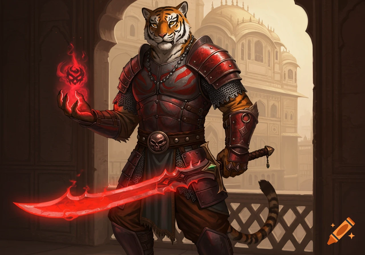 A muscular humanoid Bengal tiger warrior, armored in red and grey, stands on a palace balcony, holding a glowing red energy sphere and a fiery red sword.