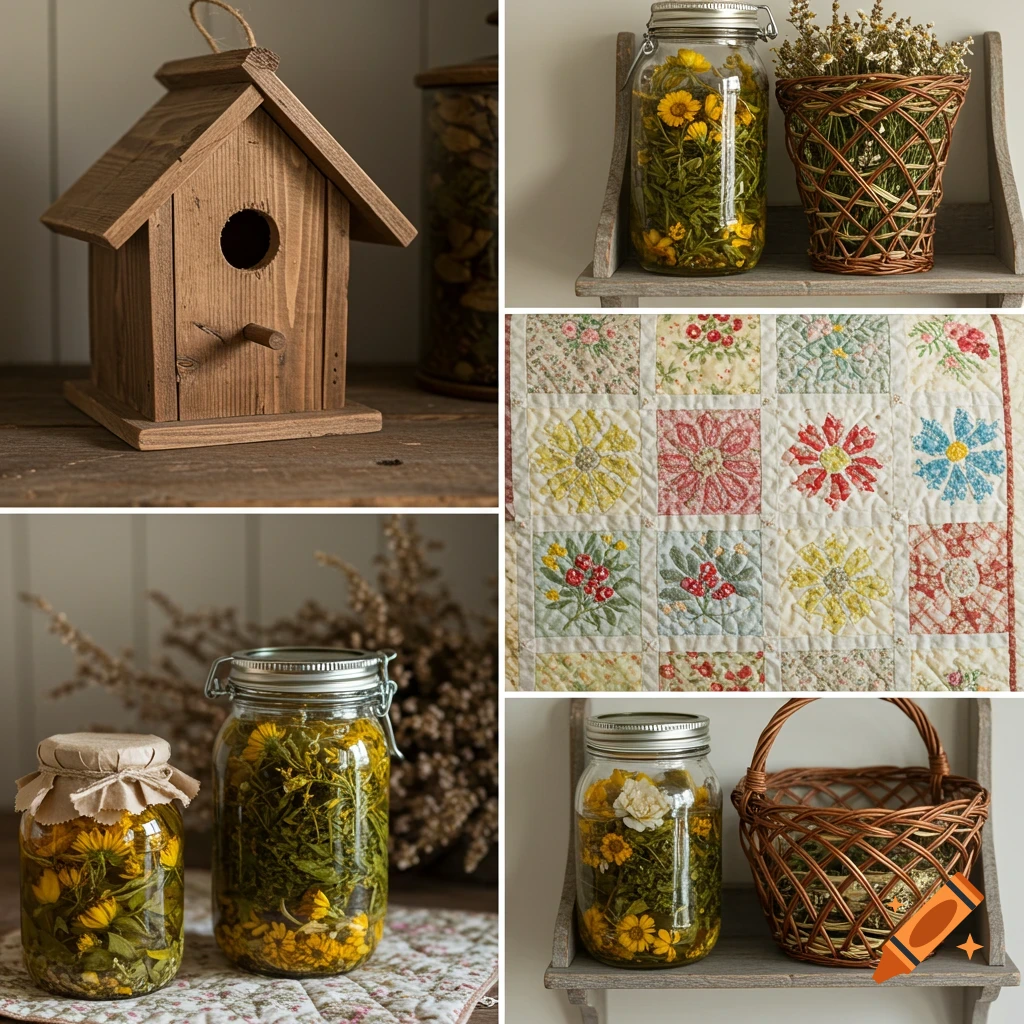 A collage of rustic homesteading items including a wooden birdhouse, jars with dried flowers and herbs, a floral quilted blanket, and woven baskets.