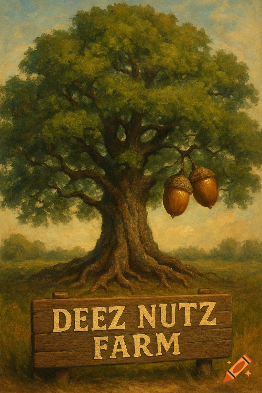 A rustic painting of a majestic oak tree with two acorns hanging, and a wooden sign saying 'Deez Nutz Farm' in front.