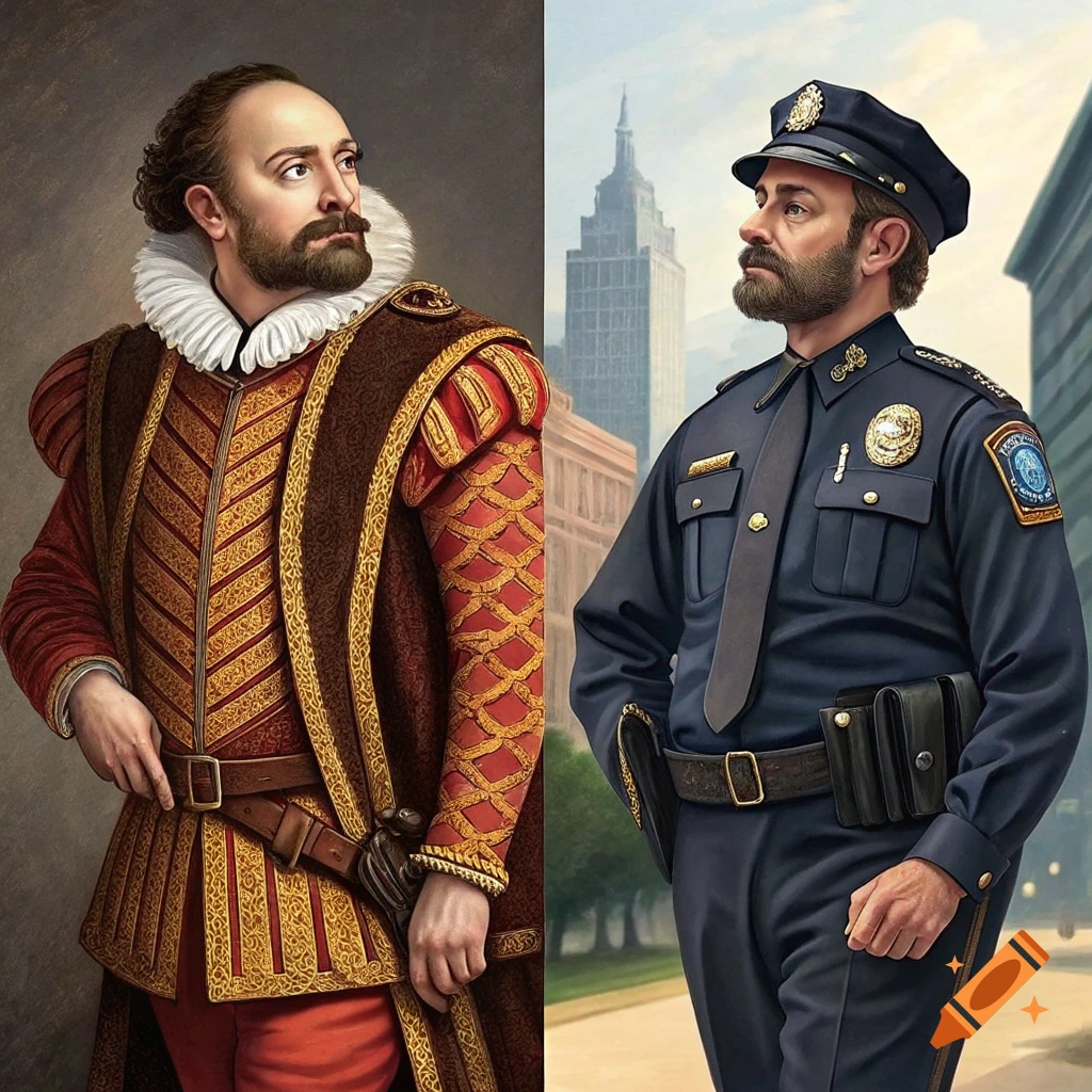 Split image of a bearded man: on the left in a historical Renaissance costume, on the right as a modern police officer with a city background.