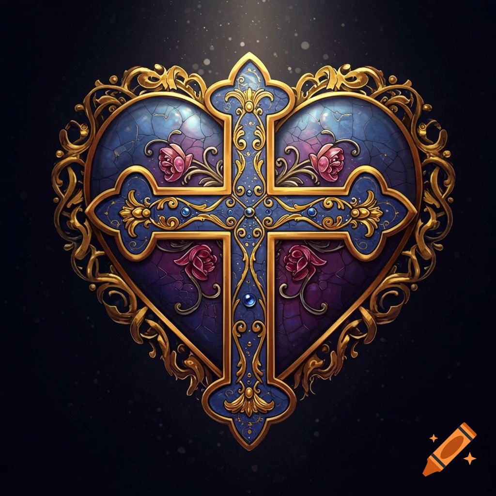 An ornate heart-shaped emblem featuring a golden cross, blue and purple sections with cracked textures, and pink roses.