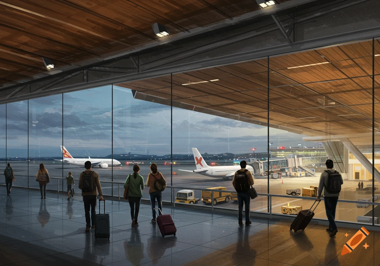 An illustrated view of an airport terminal at dusk, with passengers walking and airplanes parked outside.
