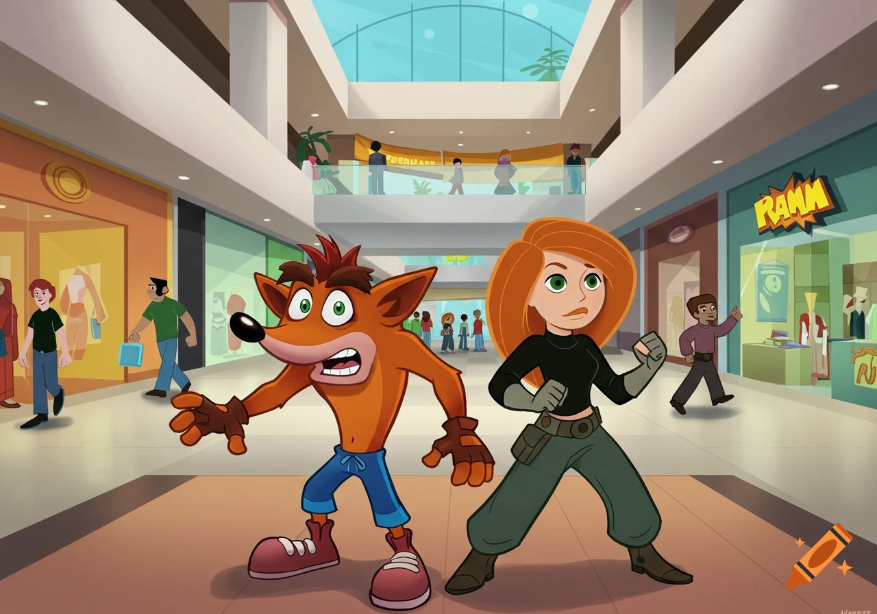 Crash Bandicoot and Kim Possible pose in a cartoon style inside a busy shopping mall.