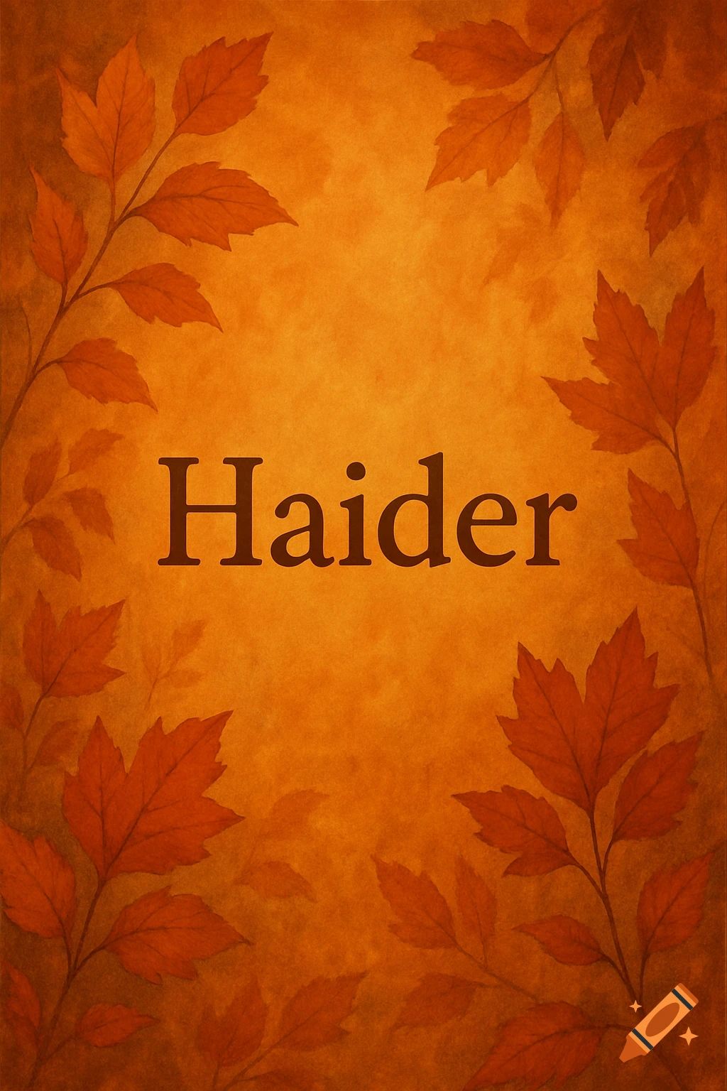 Autumn-themed wallpaper with orange and brown leaves framing the word 'Haider' in a calm font.