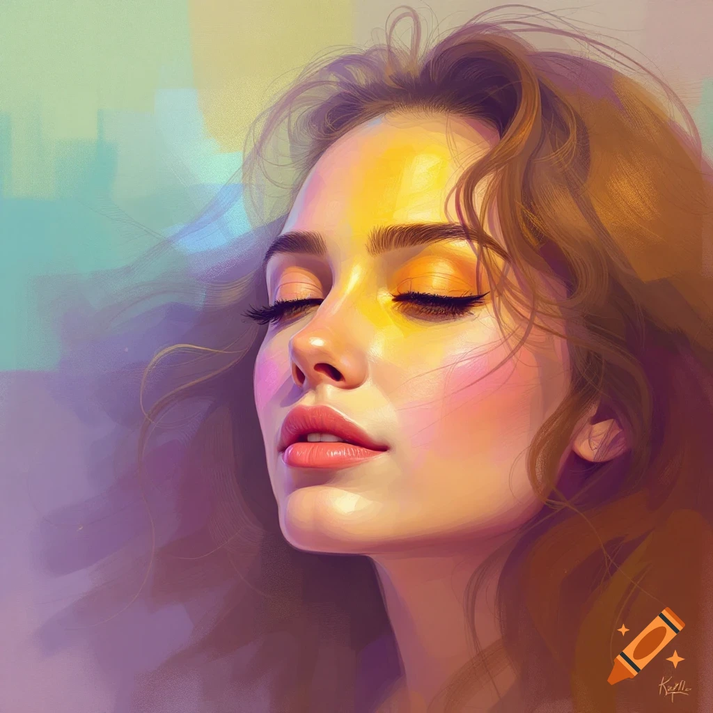 A vibrant digital painting of a woman with closed eyes, face tilted up, bathed in warm, colorful light. She has long brown hair.