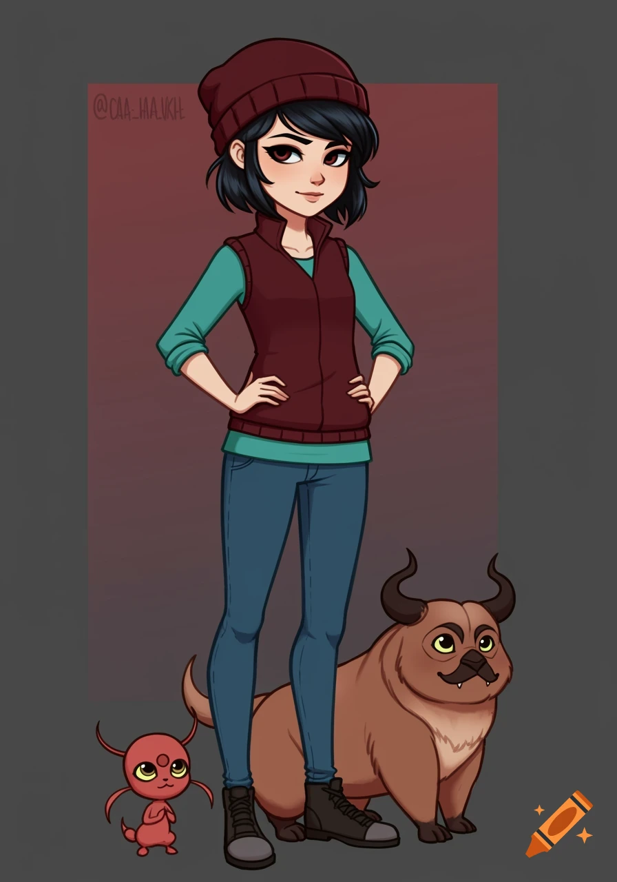 A cartoon young woman in a red beanie and vest stands with a brown horned creature and a small red bug-like creature.