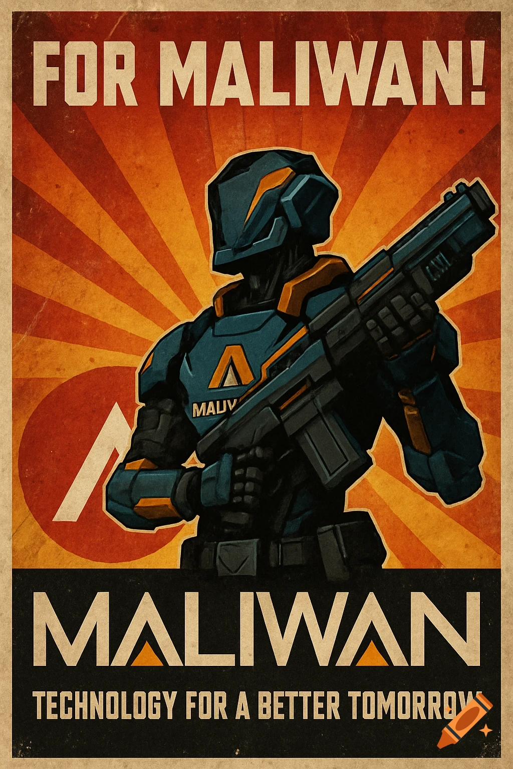 A stylized sci-fi propaganda poster featuring a blue and orange robot holding a weapon, with text 'FOR MALIWAN!' and 'TECHNOLOGY FOR A BETTER TOMORROW' on a distressed, sunburst background.