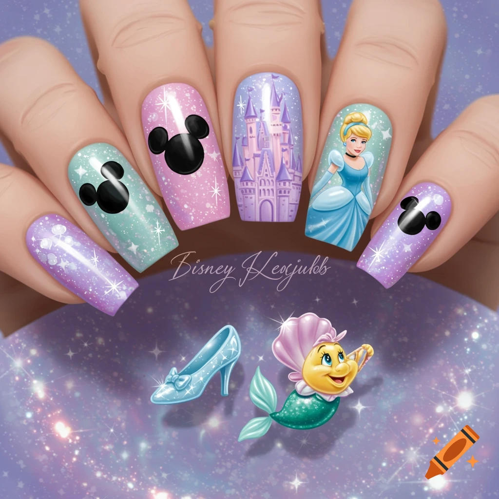 Hand with colorful Disney-themed nail art featuring Mickey Mouse, Cinderella, and her castle, with a glass slipper and Flounder beside.