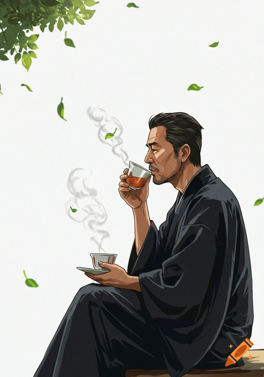 A mid-aged Asian man in a black traditional Japanese kimono sips steaming hot tea under a tree with falling green leaves, on a white background.