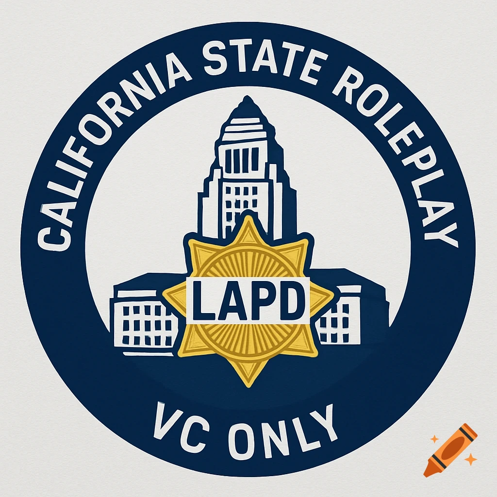 A blue and white circular logo for California State Roleplay with a building, gold LAPD badge, and text 'VC ONLY'.