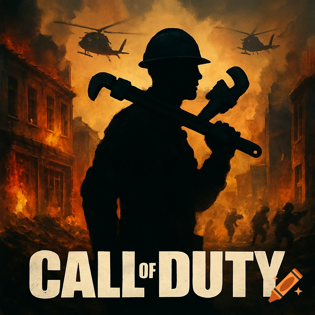 Silhouette of a worker in a hardhat holding a pipe wrench, against a fiery, war-torn background with helicopters. Text reads 'CALL OF DUTY'.