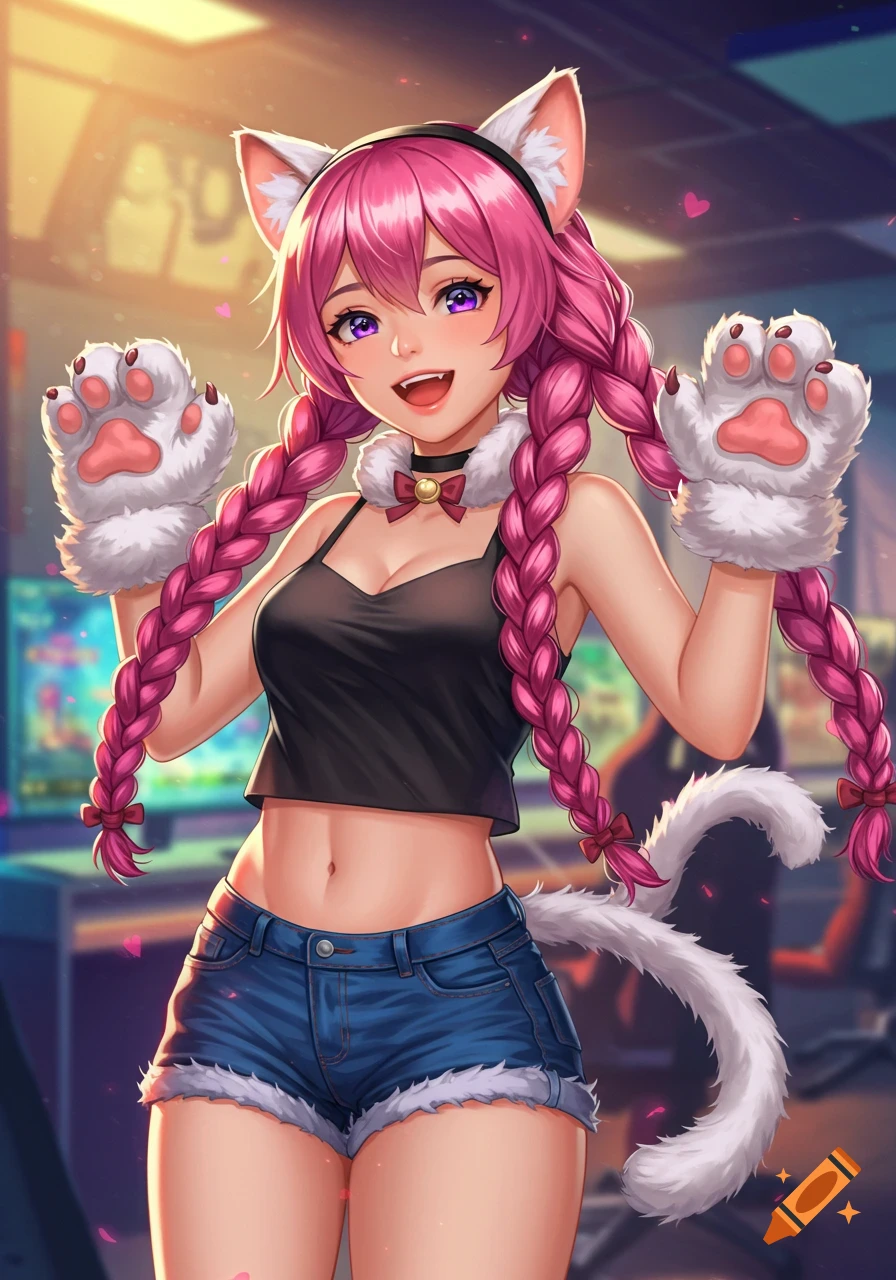 A cheerful anime girl with pink braided hair, cat ears, and paw gloves, wearing a black crop top and denim shorts, posing in an indoor setting.
