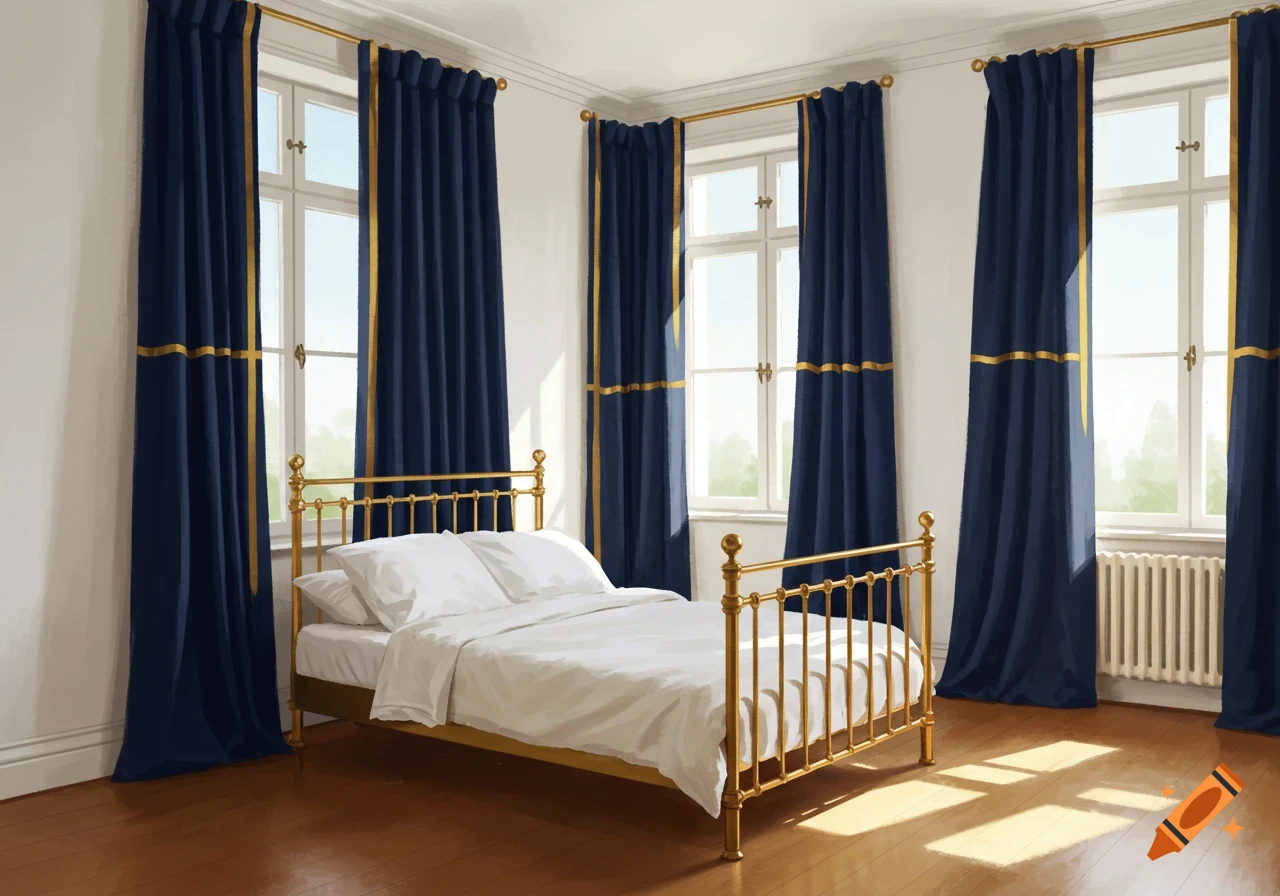 A bedroom with a gold metal bed, white bedding, and navy blue curtains with gold stripes on four large windows. Sunlight streams onto the polished wooden floor.