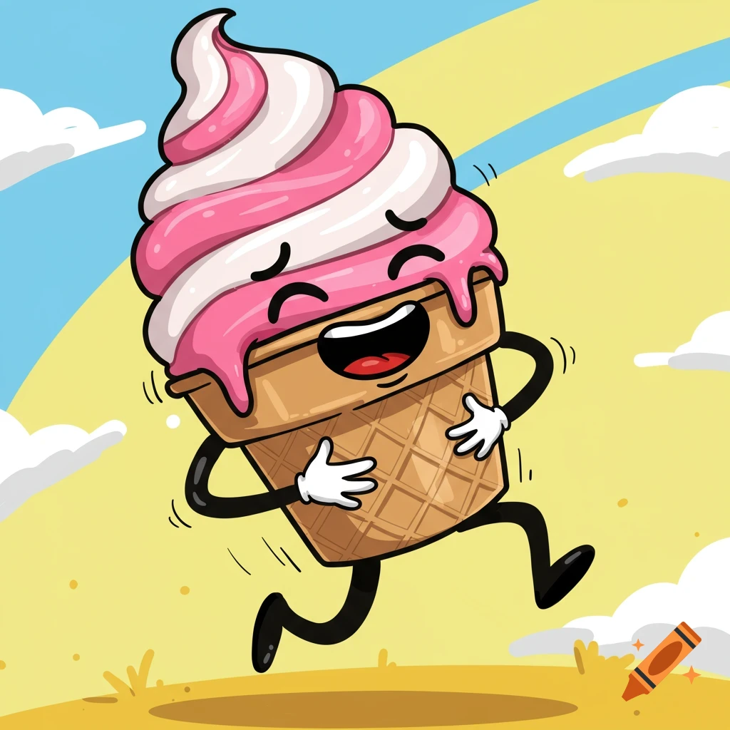 A happy cartoon ice cream cone with pink and white swirled ice cream is running and laughing with its arms on its belly.
