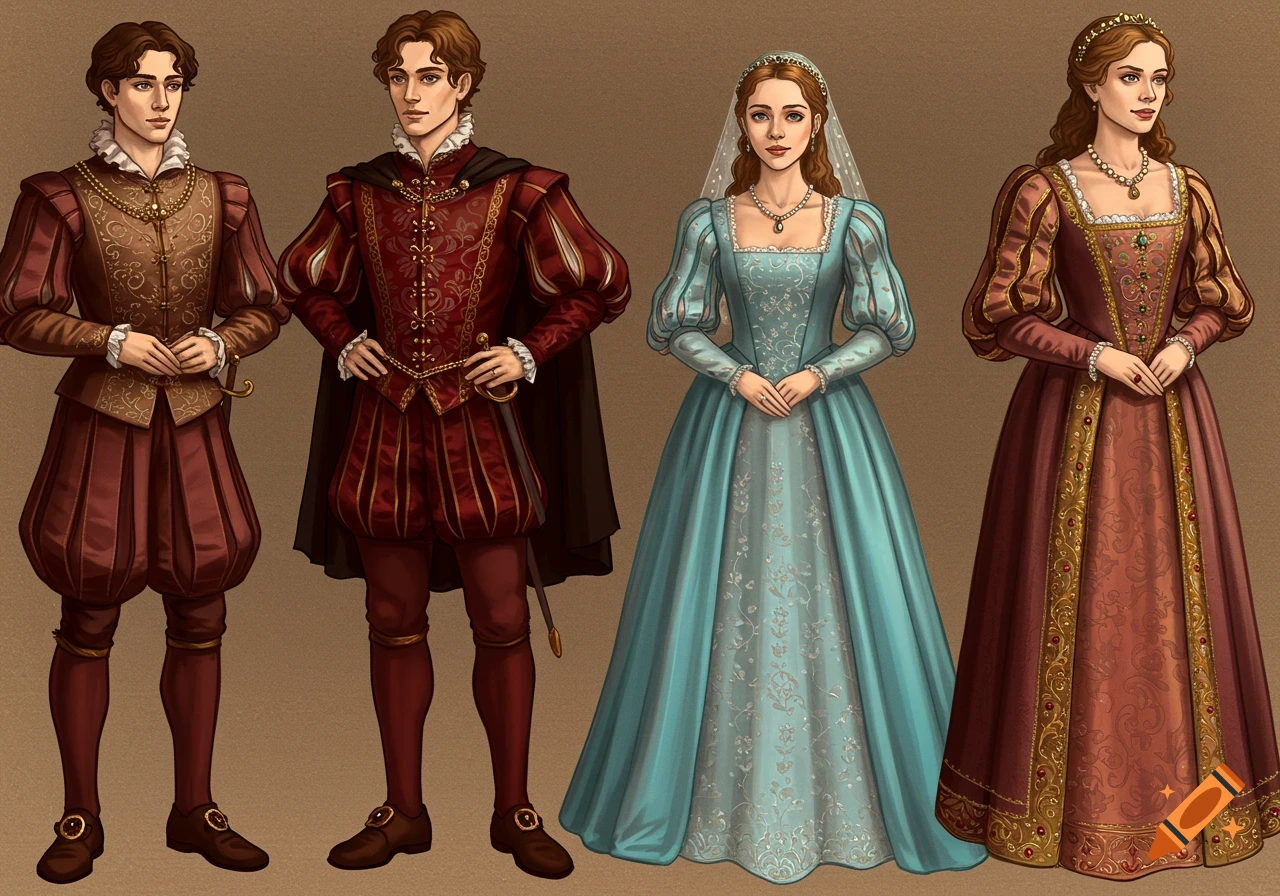 Two men and two women in detailed Renaissance-era costumes, rendered in an illustrative style.