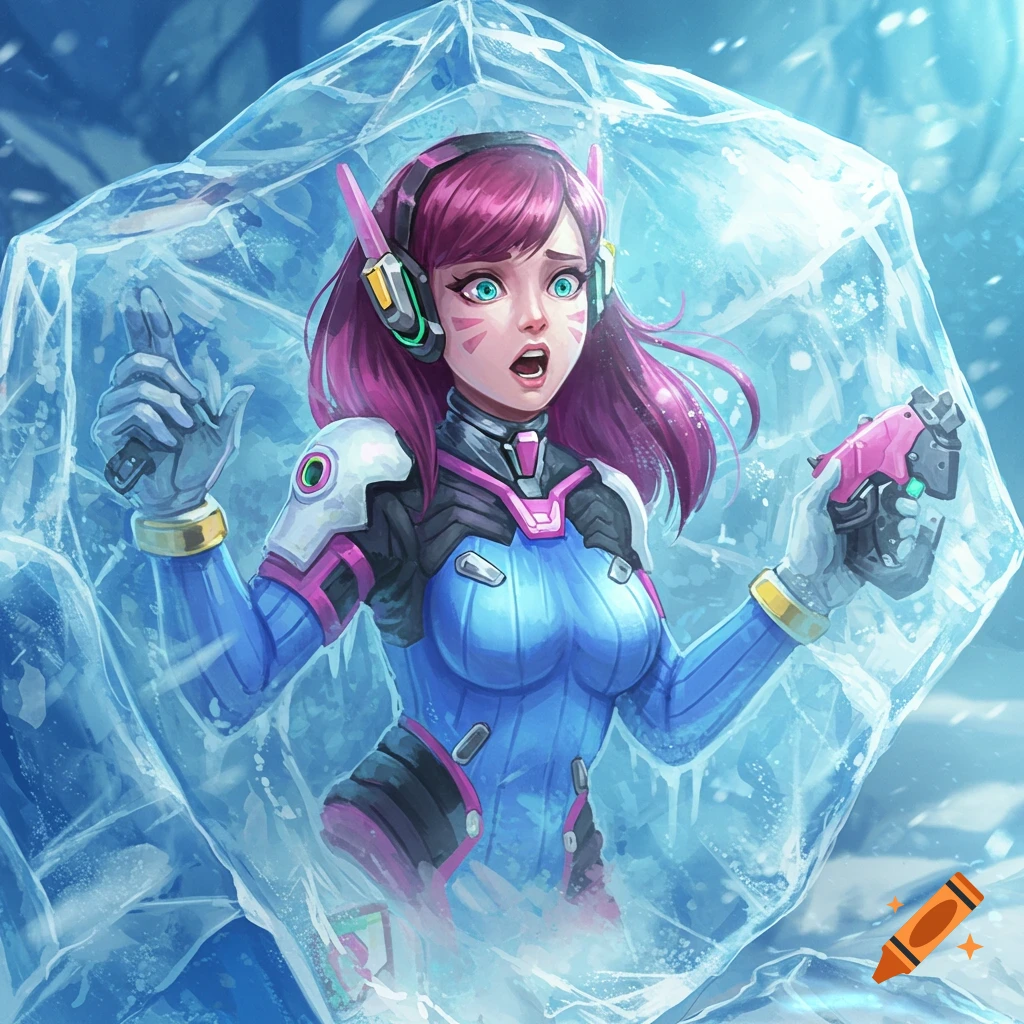 Anime-style D.Va from Overwatch frozen inside a block of ice, looking surprised and holding a pink gun.
