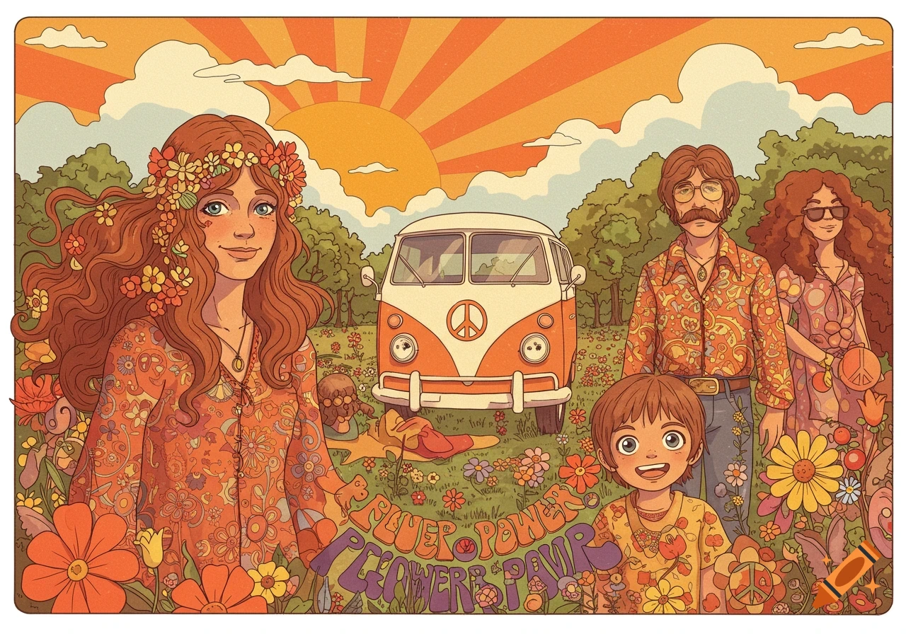 A colorful 1970s psychedelic illustration of a family and a VW van in a field of flowers under a sunrise, with "FLOWER POWER" text.