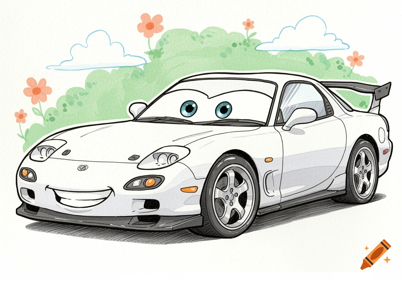 A white cartoon Mazda RX-7 car with big blue eyes and a wide smile, in a whimsical drawing with green hills, orange flowers, and clouds.