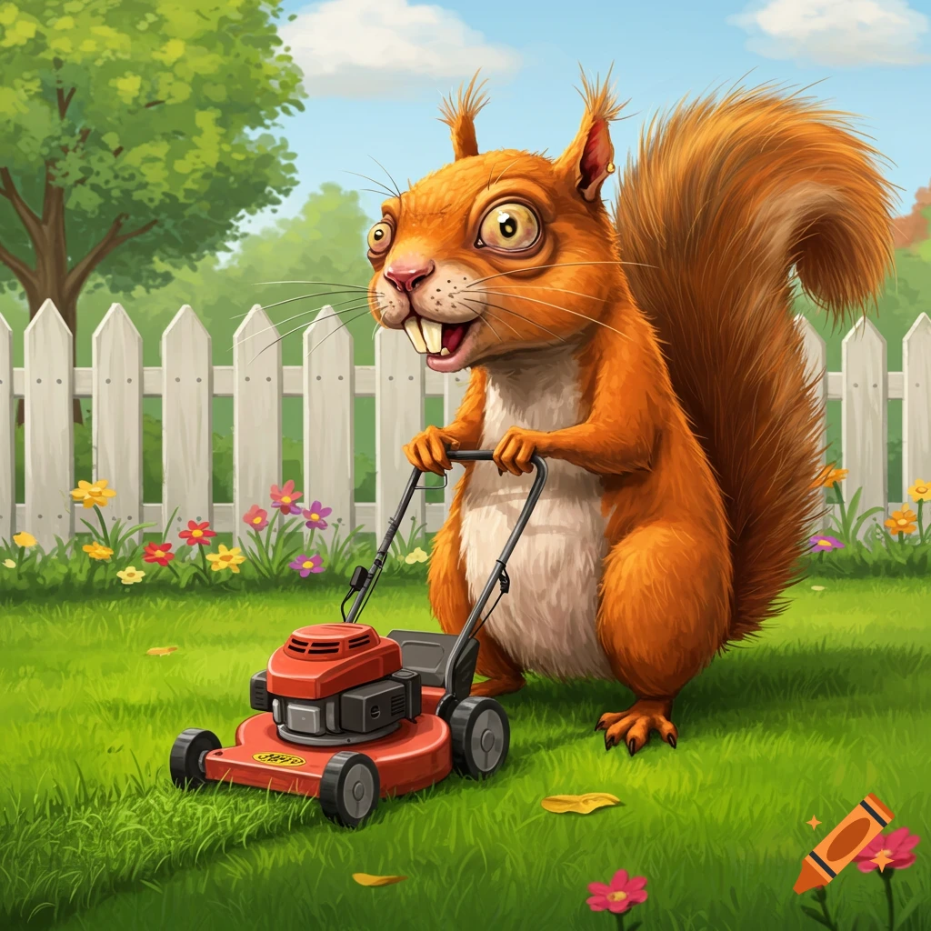 A cartoon squirrel with big eyes and buck teeth mows a green lawn with a red lawnmower, in front of a white picket fence and flowers.