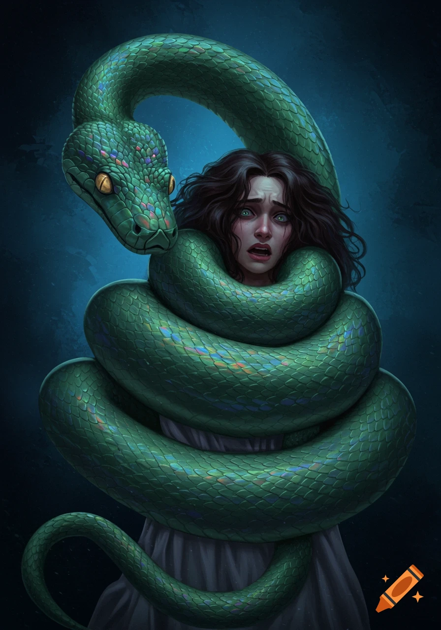 A scared woman with dark hair is tightly coiled by a giant green snake with iridescent scales in a dramatic illustration.