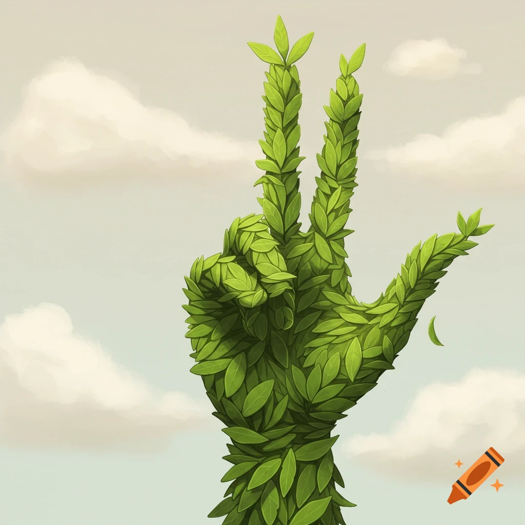 A hand made entirely of green leaves forming a peace sign against a cloudy sky.