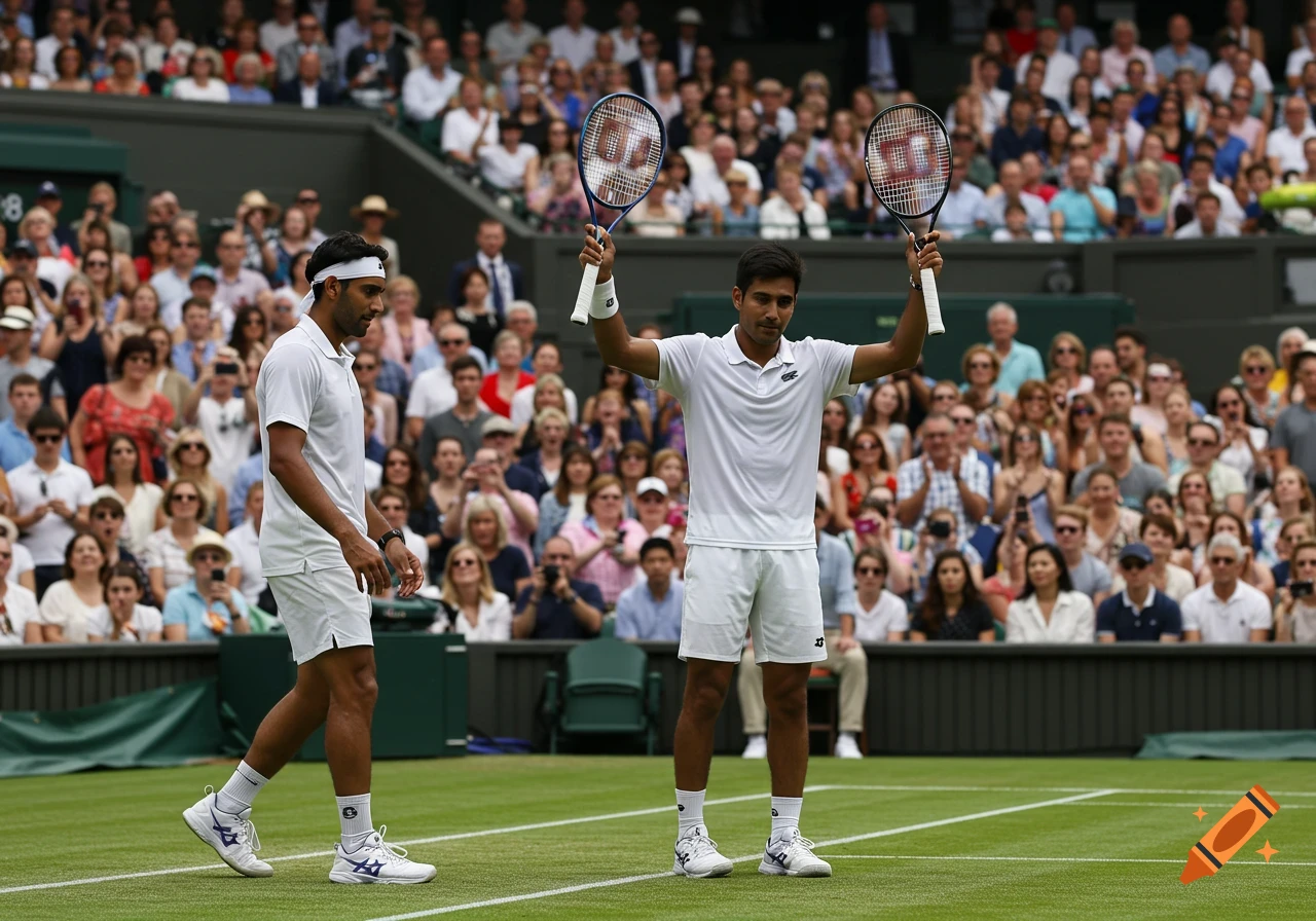 Two male tennis players on a grass court, one celebrating with rackets ...