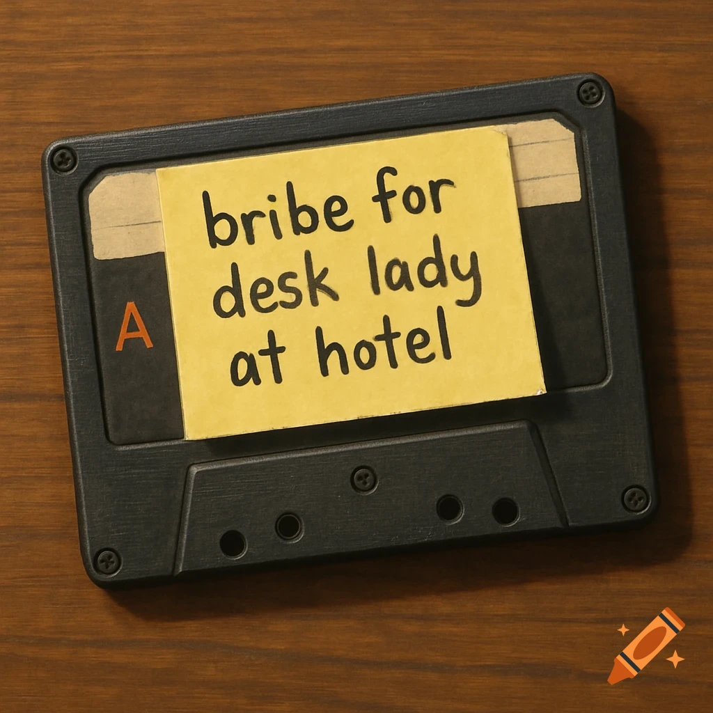 A photorealistic image of a black cassette tape with a yellow sticky note on it that reads 'bribe for desk lady at hotel' on a wooden surface.