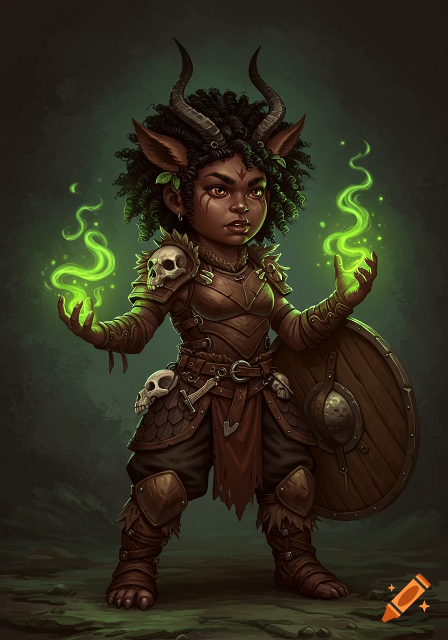A dark-skinned horned fantasy character in leather armor with skull details, casting green magic, holding a wooden shield. Realistic painting.