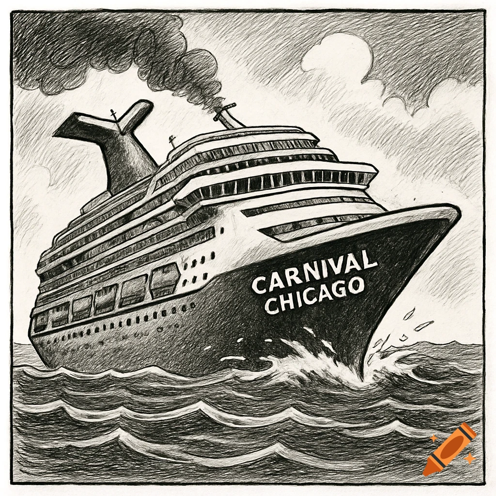 Black and white editorial style cartoon of the 'CARNIVAL CHICAGO' cruise ship sailing through waves, emitting smoke.