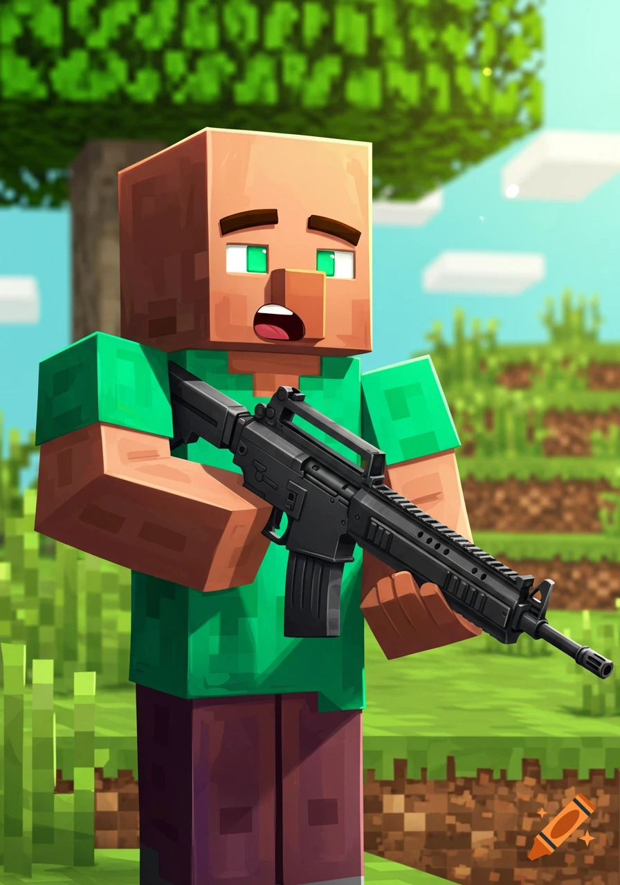 A Minecraft villager character in a green shirt and brown pants holds a realistic black assault rifle in a blocky outdoor setting.