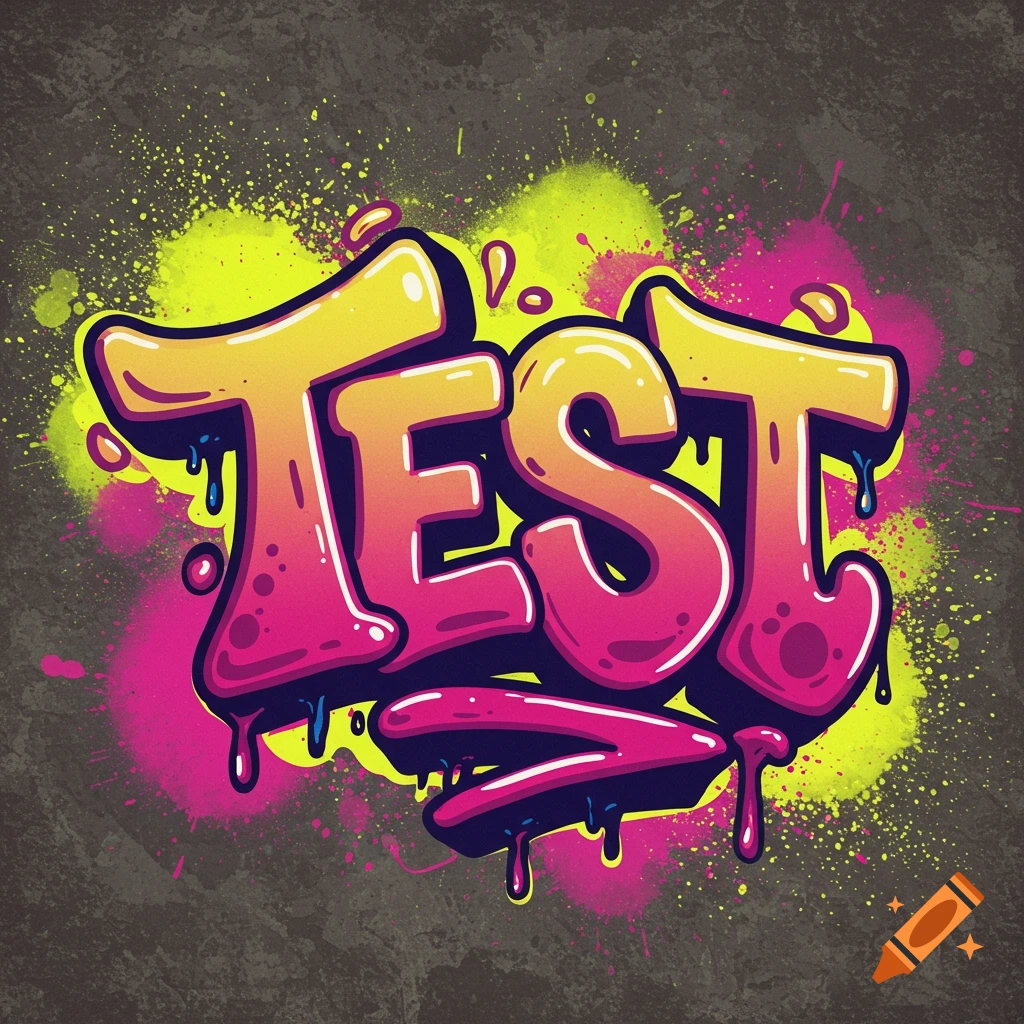 The word TEST in vibrant yellow and pink graffiti lettering with paint drips and splatters on a dark background.
