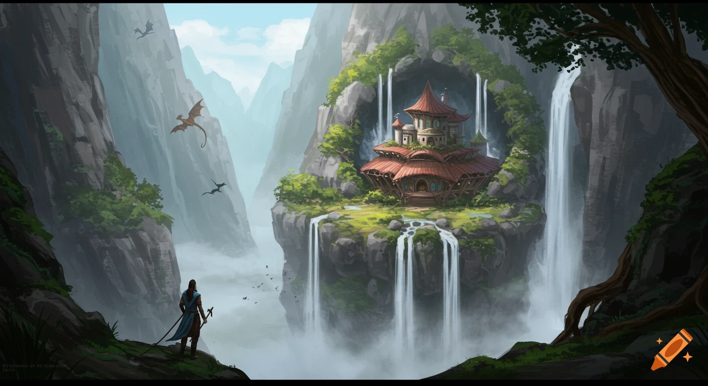 A fantasy landscape with a tiered building in a cliff surrounded by waterfalls. Dragons fly over a misty valley with a figure in the foreground.