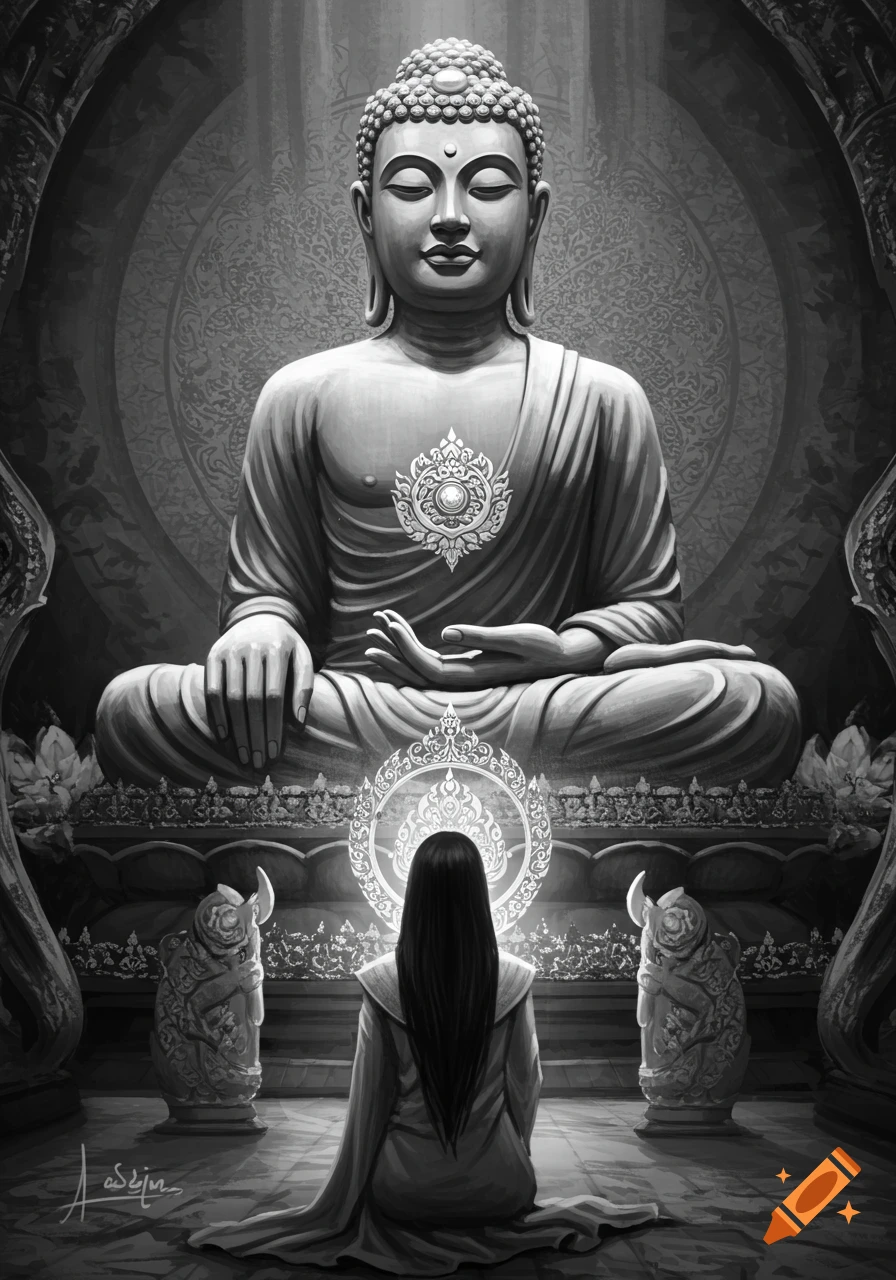 Black and white sketch of a woman kneeling before a large Buddha statue, with a radiant aura around her chest.
