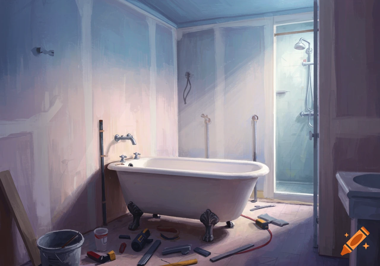 A painterly depiction of a partially completed bathroom with a clawfoot tub, shower, and renovation tools on the floor.