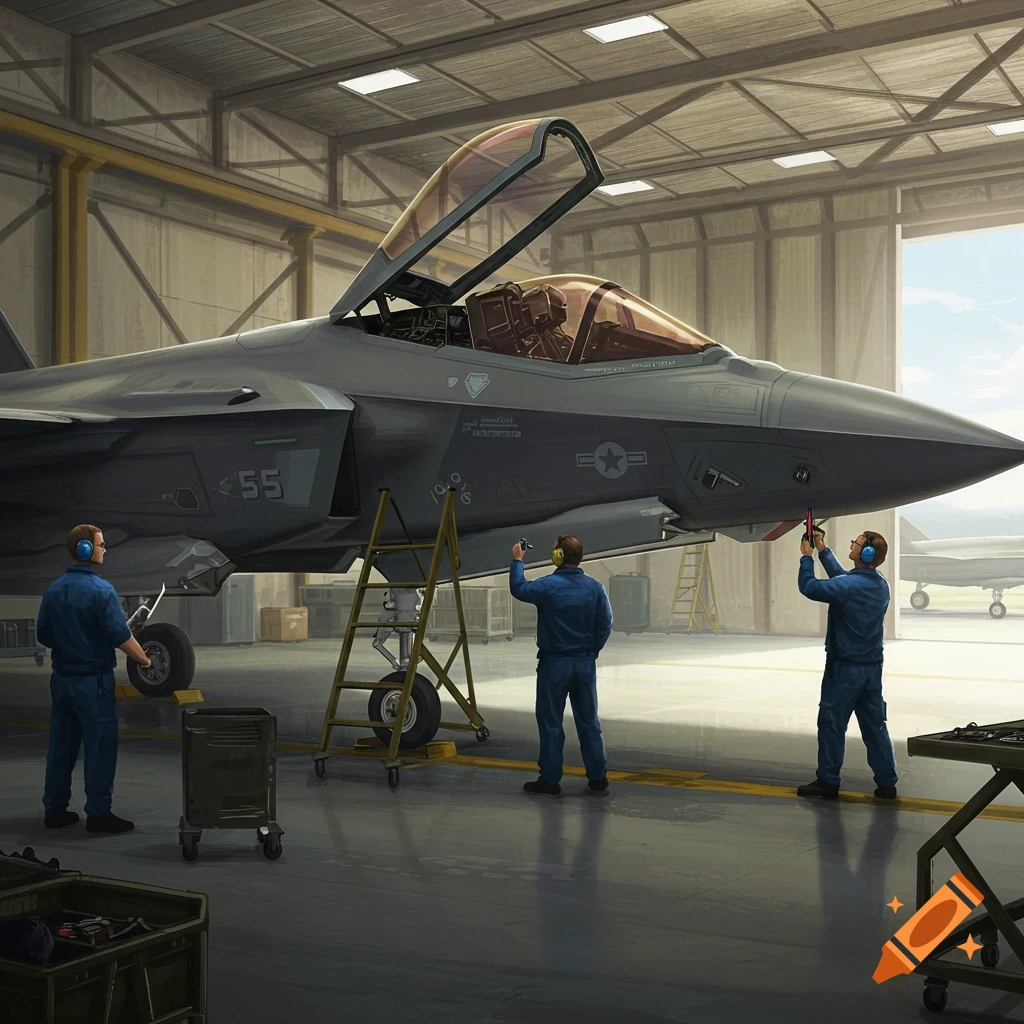 F-35 fighter jet undergoing inspection by mechanics in a hangar.