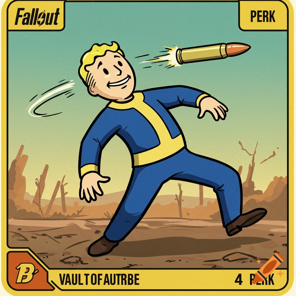 Vault Boy from Fallout, in a blue jumpsuit, smiling as a bullet flies past his head. Styled as a perk card with a desert background.