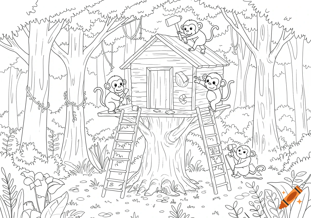 Line art of four monkeys building a treehouse in a forest, using hammers and saws.