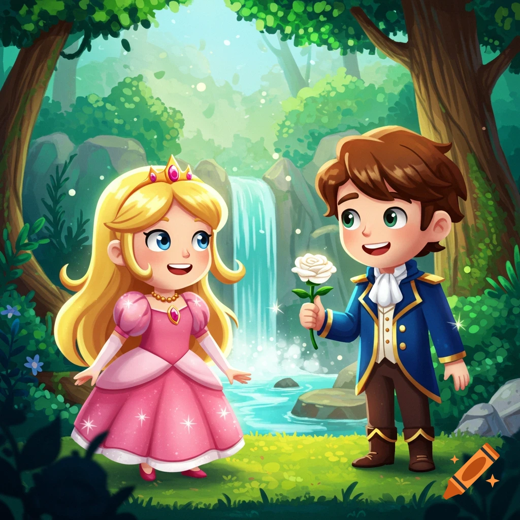 Cute game style art of a prince offering a white rose to a princess in a magical forest with a waterfall.