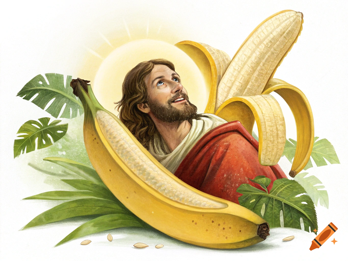 Illustrated image of Jesus looking heavenward, partially emerging from a large peeled banana, surrounded by green tropical leaves and bananas.