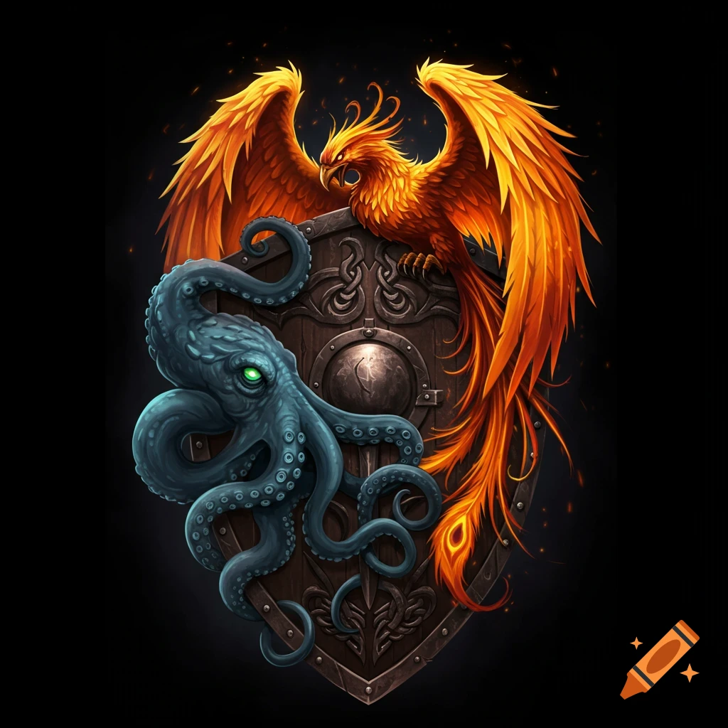 Vibrant orange phoenix and teal kraken with green eyes on a medieval shield, fantasy art style.