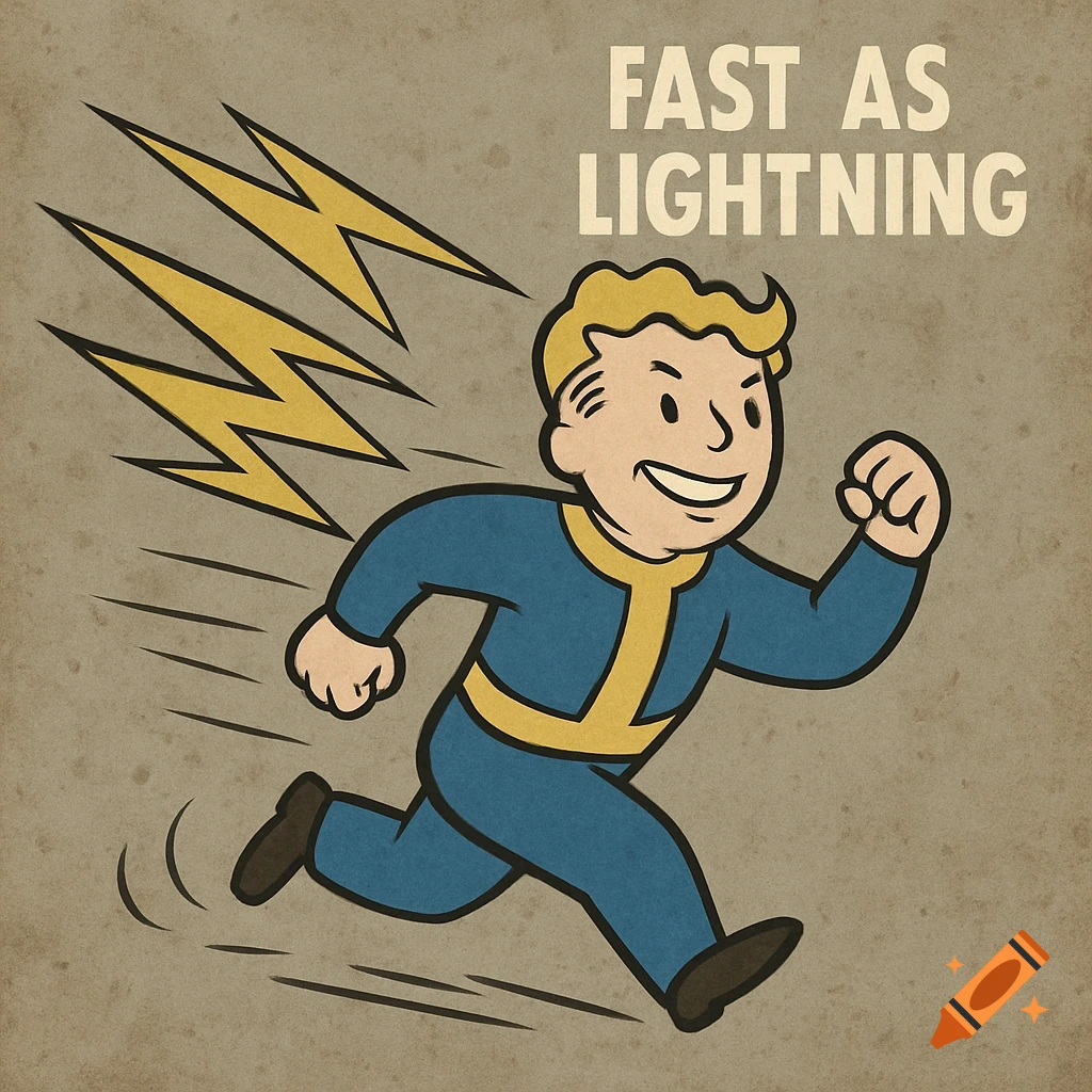 Vault Boy from Fallout running with lightning bolts, in a retro-style poster with the text FAST AS LIGHTNING.