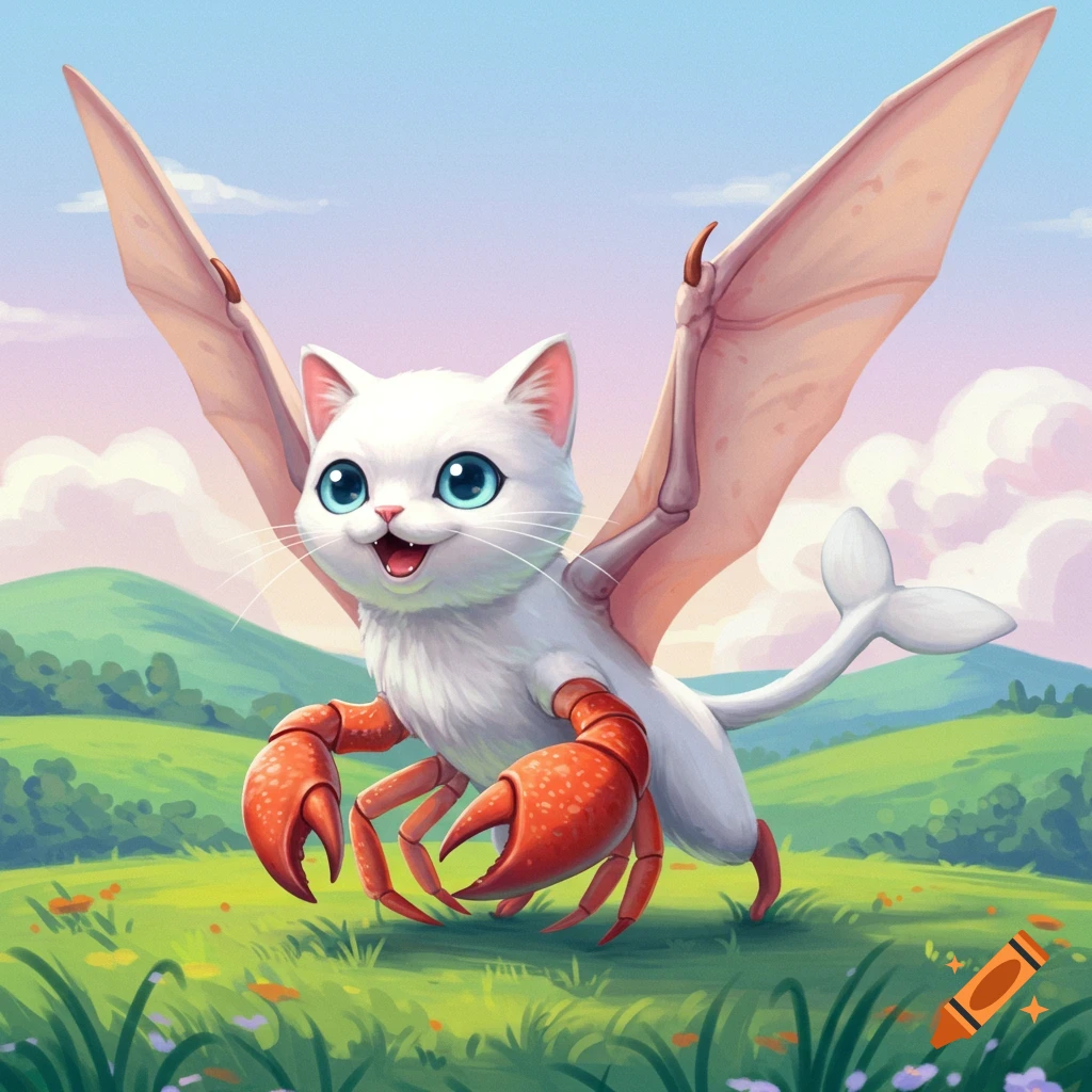 A cute white cat-like creature with blue eyes, pterodactyl wings, a whale tail, and crab pincers stands in a green field.