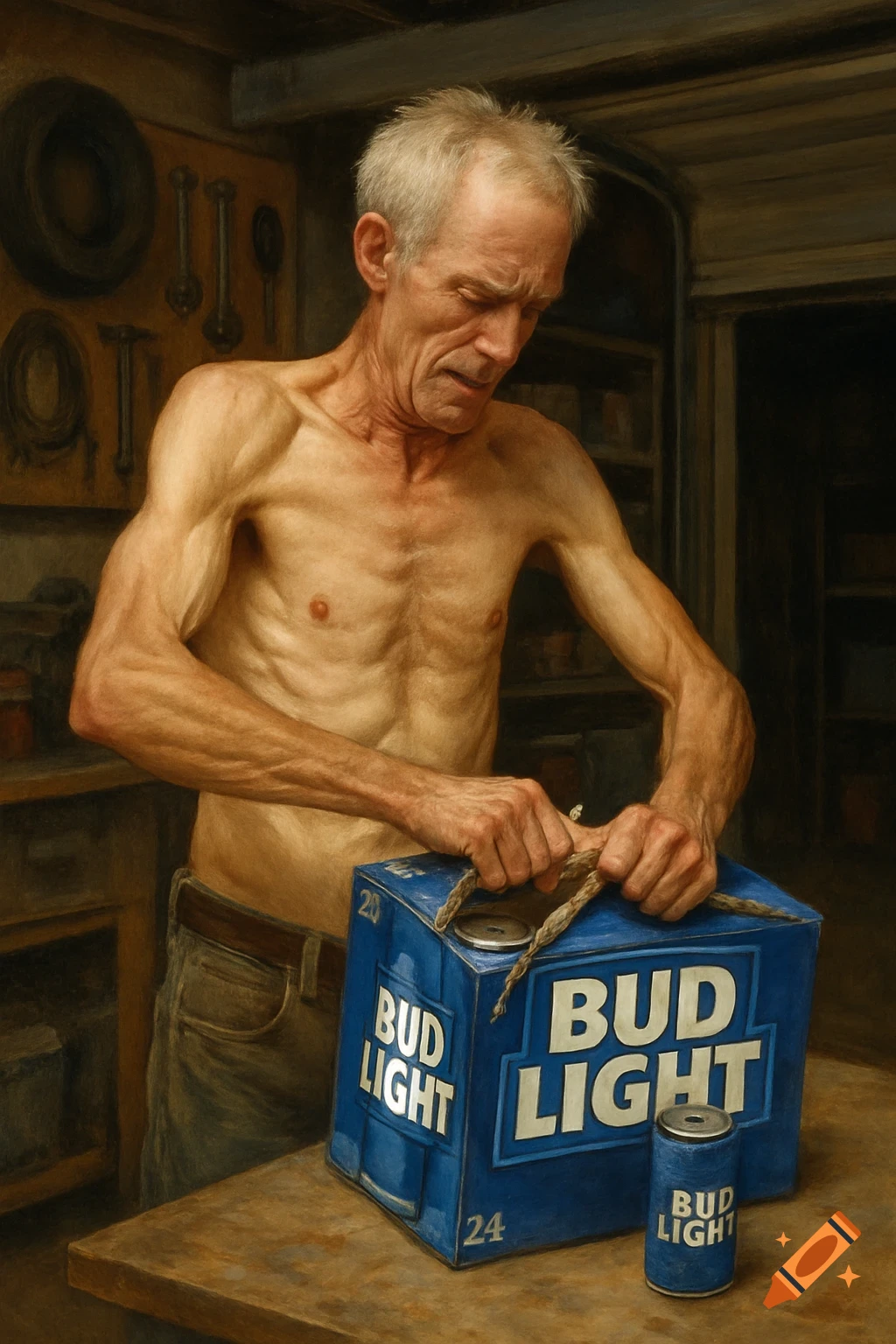 A skinny, shirtless man with white hair opens a Bud Light case in a garage. Photorealistic.