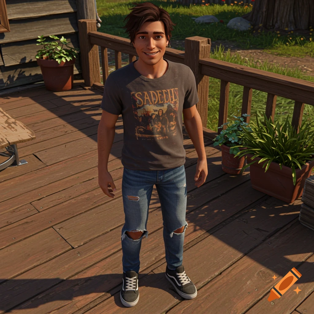 A smiling young man in a dark grey t-shirt, ripped jeans, and sneakers stands on a wooden porch, looking at the camera. He has brown hair.