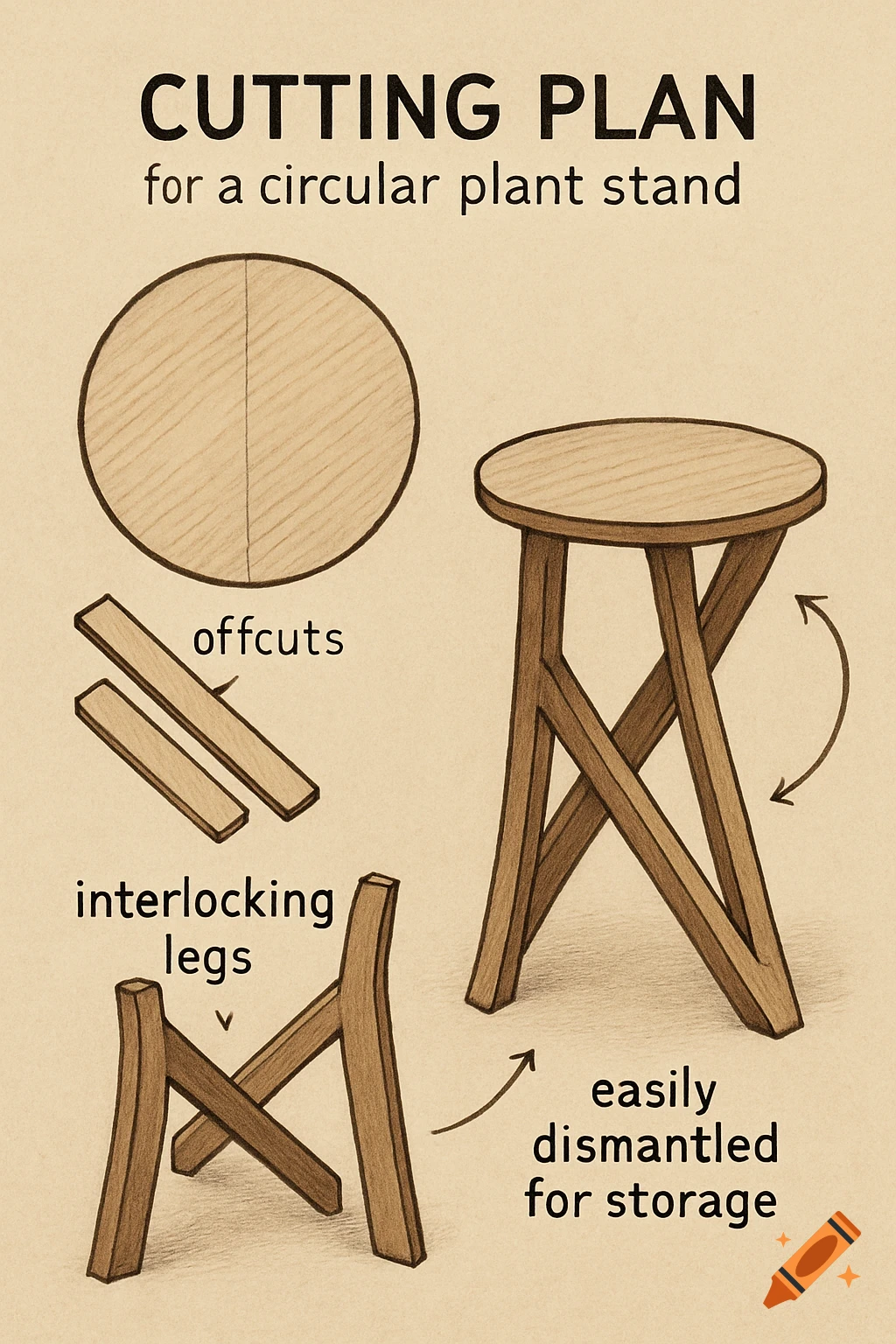 Hand-drawn diagram of a cutting plan for a circular wooden plant stand, showing offcuts, interlocking legs, and assembly.