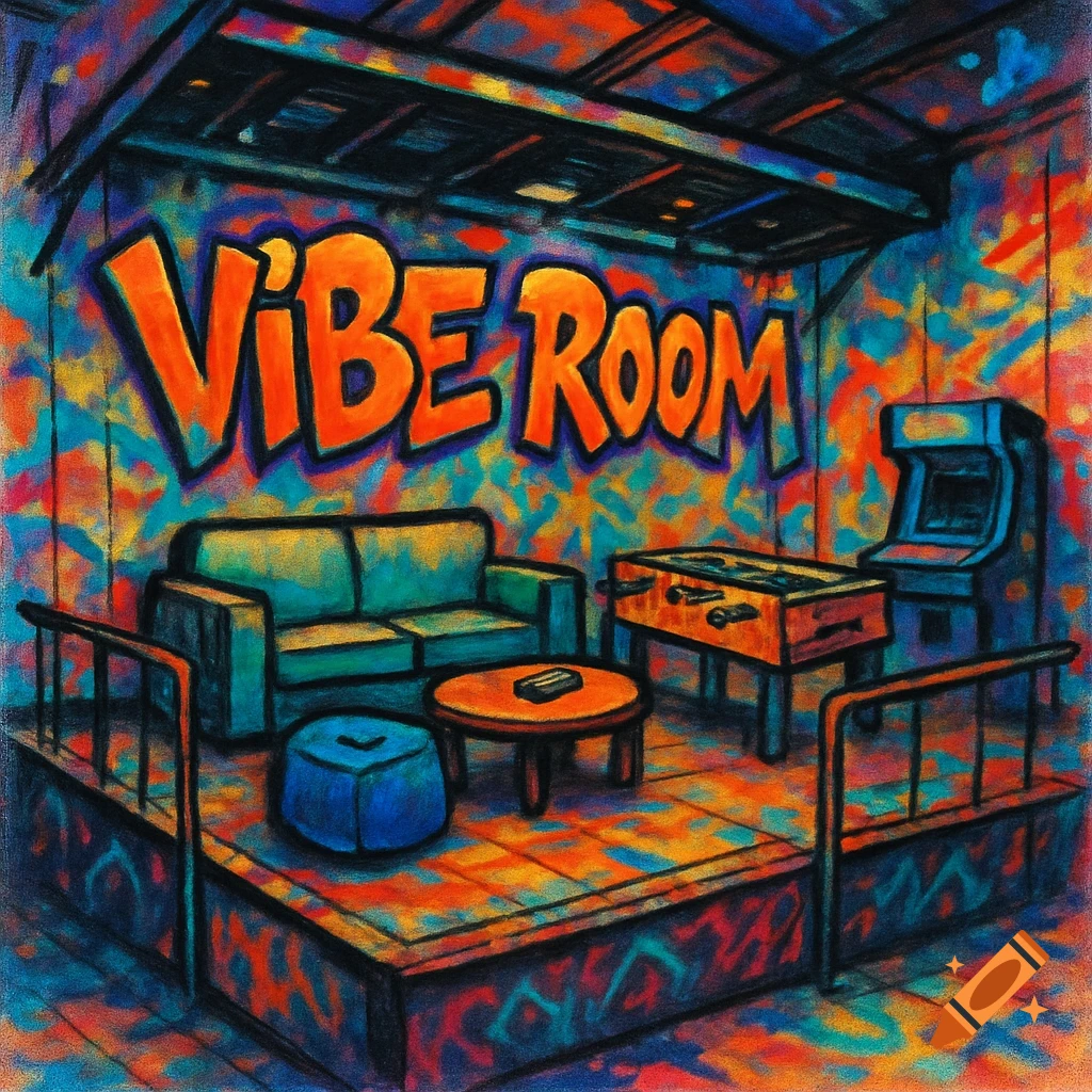A vibrant graffiti-style student game room with a sofa, foosball table, and arcade machine, featuring 'Vibe Room' tagged on the wall.