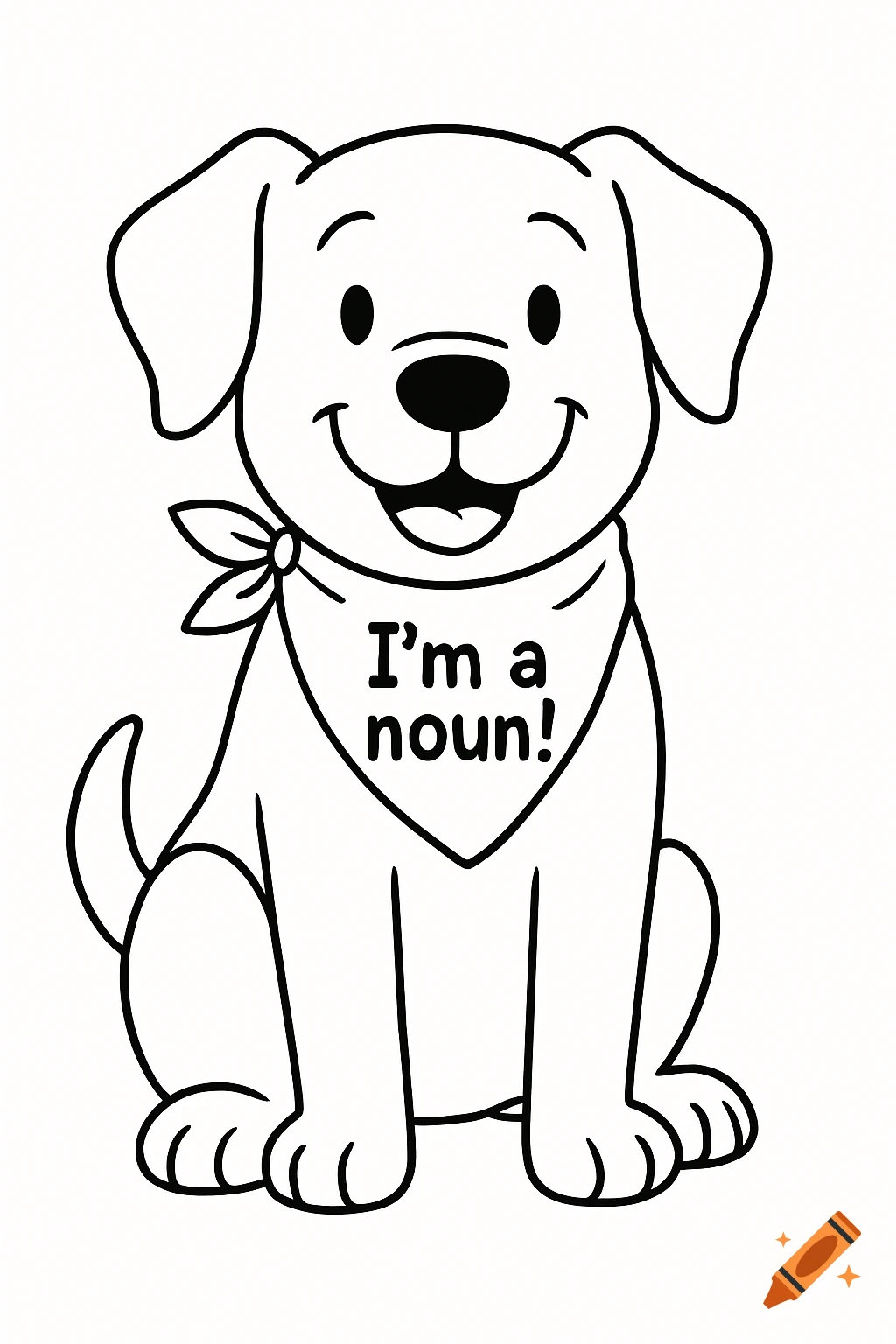 A cartoon black and white outline of a happy dog wearing a bandana that says "I'm a noun!", suitable for coloring.