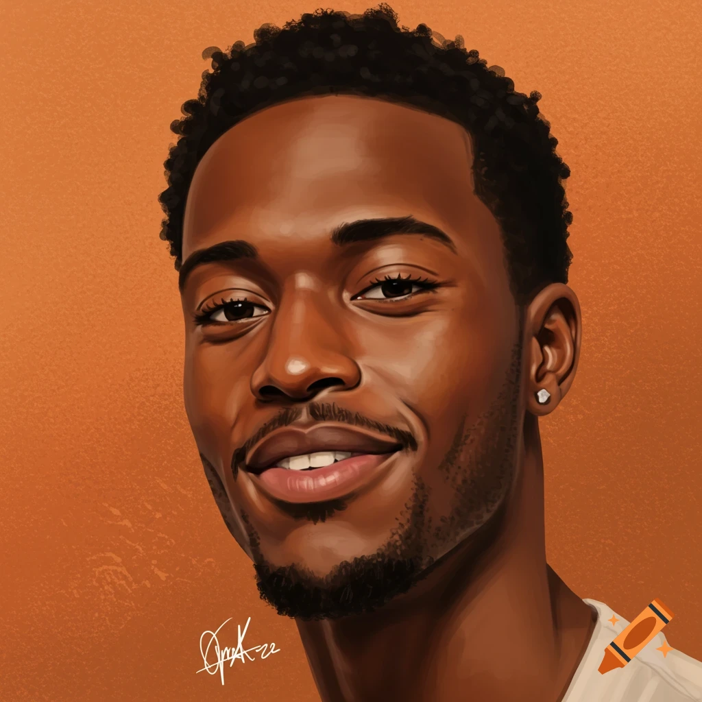 A smiling man with dark skin, short curly hair, and a goatee, wearing a white shirt, against an orange background. Digital painting.