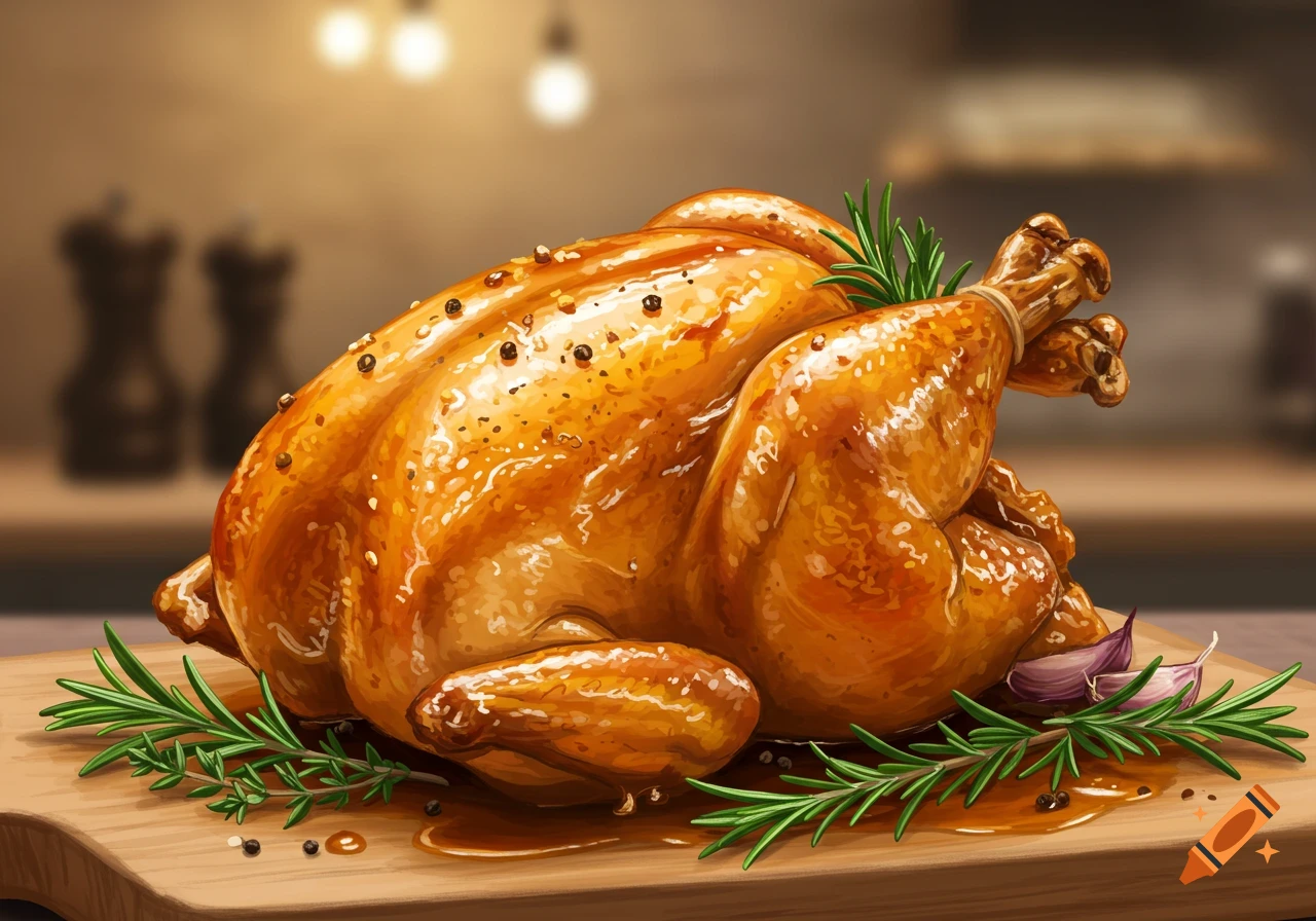 A golden roasted whole chicken garnished with rosemary and garlic sits on a wooden board, with a blurred kitchen background.